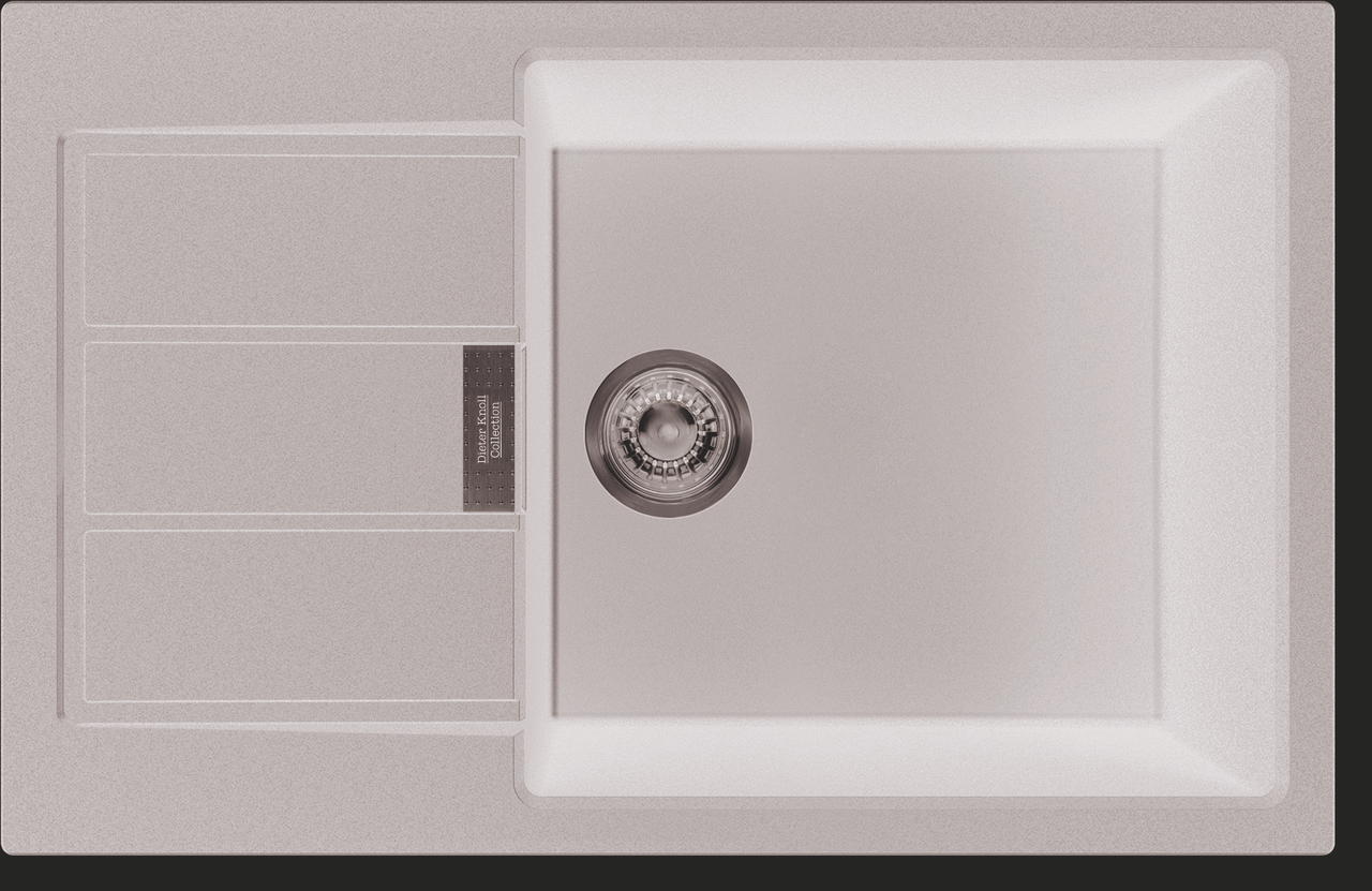 Einbauspüle in dunklem Design mit Abtropffläche und runder Abflussöffnung, Draufsicht