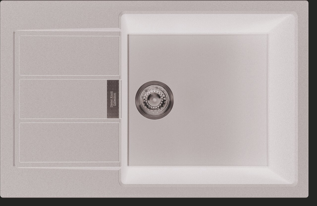 Inbouwspoelbak in een donkere uitvoering met afdruipvlak en ronde afvoeropening, bovenaanzicht