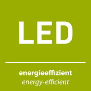 Grünes LED-Label mit weißer Aufschrift „LED“ und dem Text „energieeffizient / energy-efficient“, frontale Ansicht