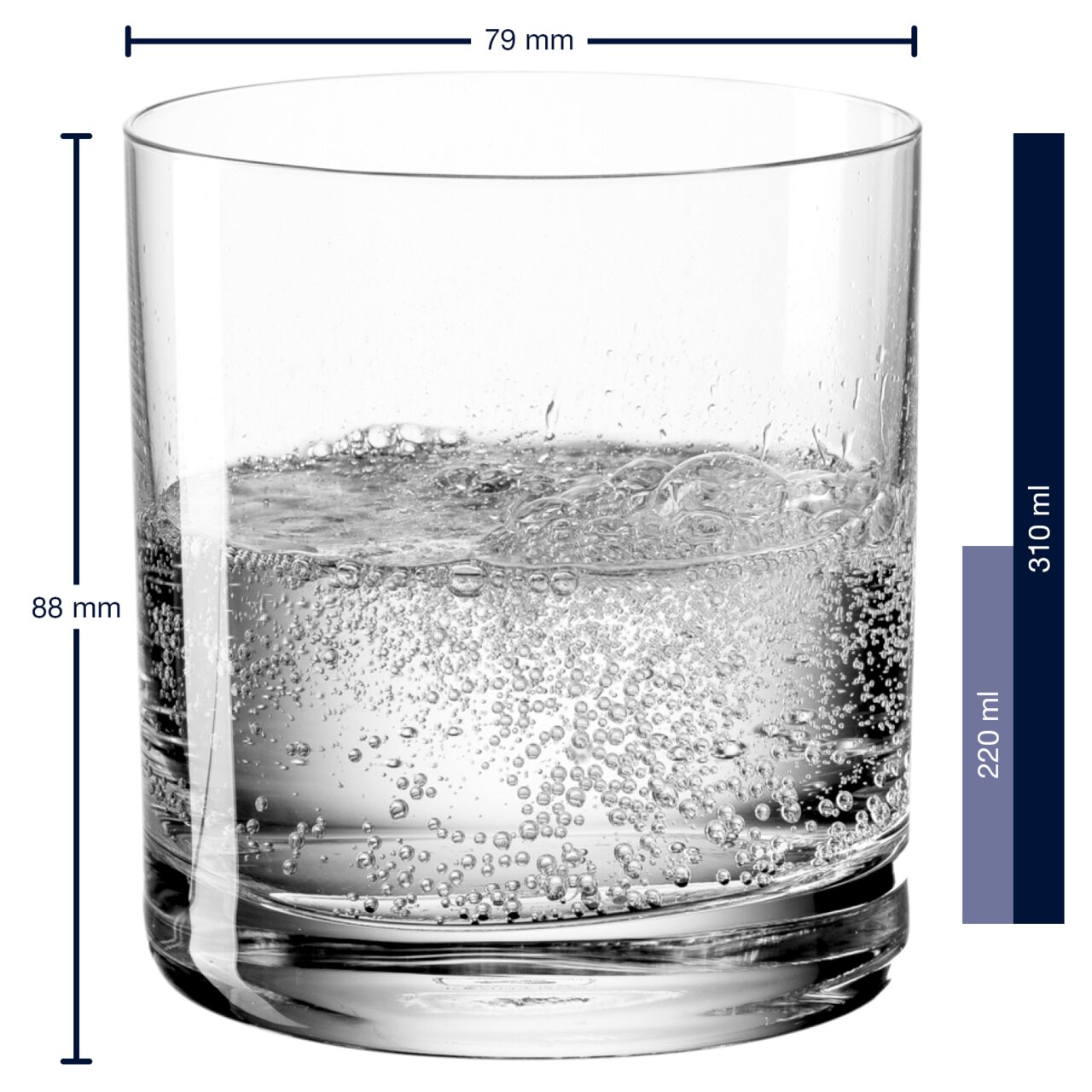 Drinkglas Easy+ 310 ml, zijaanzicht, gevuld met bruisend water, diameter 79 mm, hoogte 88 mm
