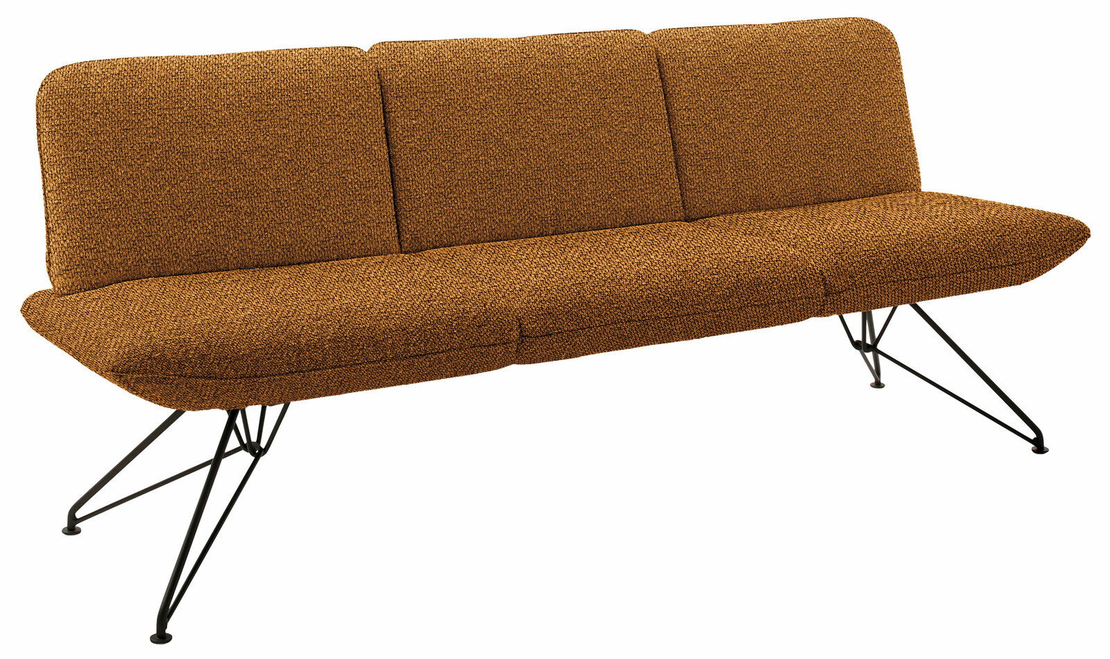 Sitzbank 230cm mit braunem Stoffbezug und schwarzen Metallbeinen, seitliche Perspektive