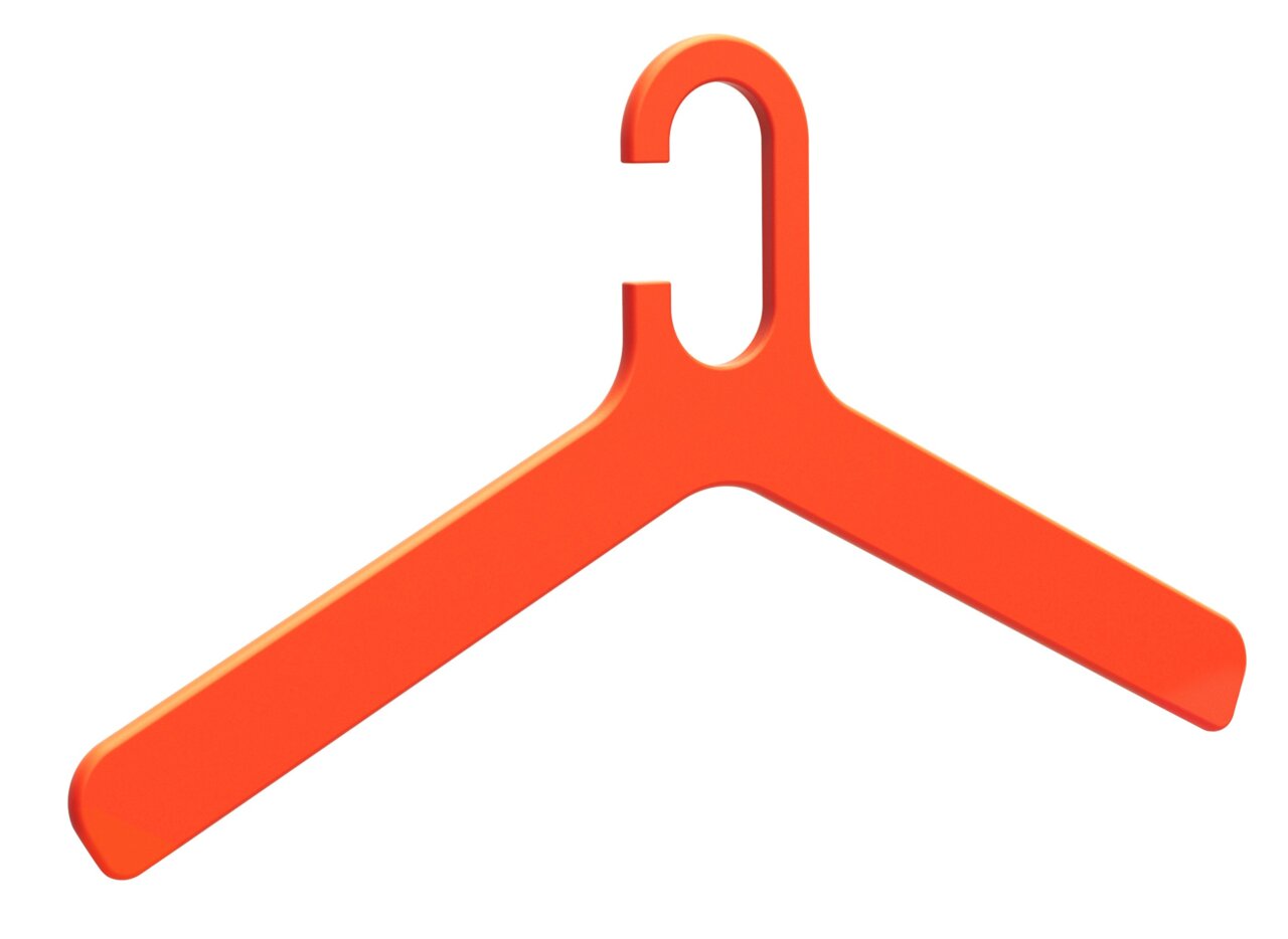 Orangefarbener Kleiderbügel aus Kunststoff, frontal abgebildet.