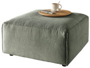 Grüner, gerippter Hocker aus Stoff in seitlicher Perspektive mit einem Tablett, einer Tasse und Pralinen darauf.