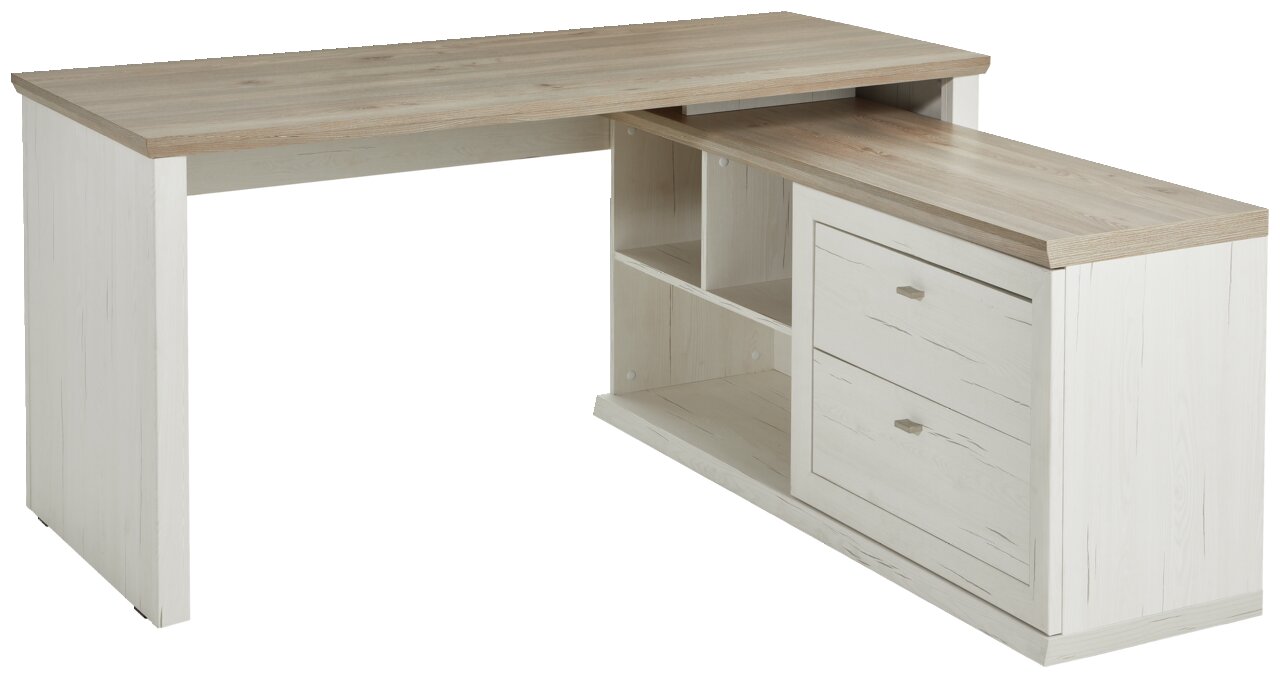 Eckschreibtisch in Holzoptik mit zwei Schubladen und offenen Regalfächern, seitliche Perspektive