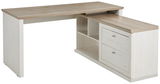 Eckschreibtisch in Holzoptik mit zwei Schubladen und offenen Regalfächern, seitliche Perspektive