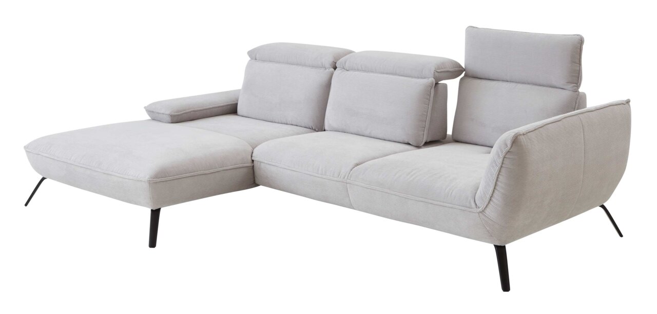 Graue Longchairkombination mit verstellbaren Kopfstützen und schwarzen Metallfüßen, seitliche Perspektive