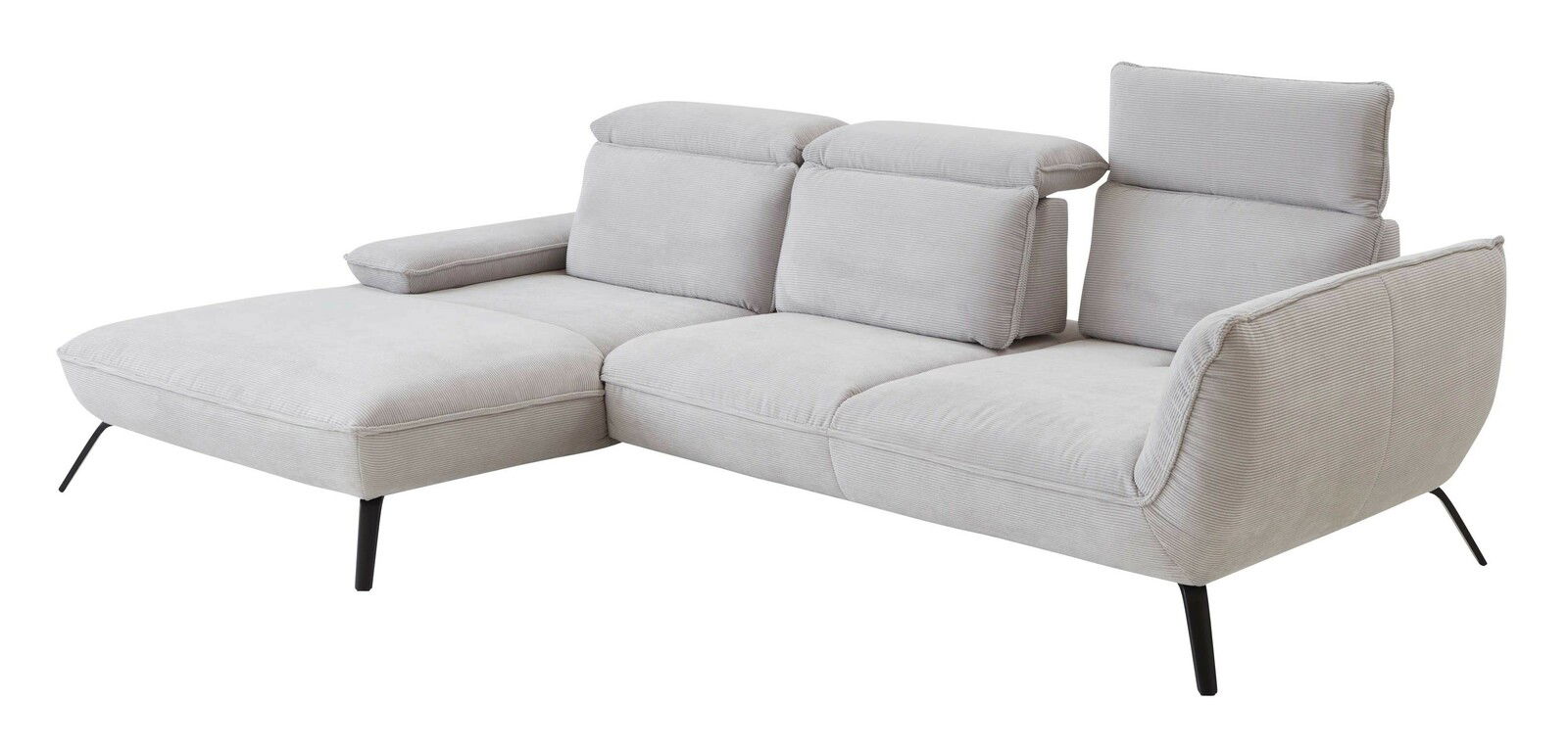 Graue Longchairkombination mit verstellbaren Kopfstützen und schwarzen Metallfüßen, seitliche Perspektive