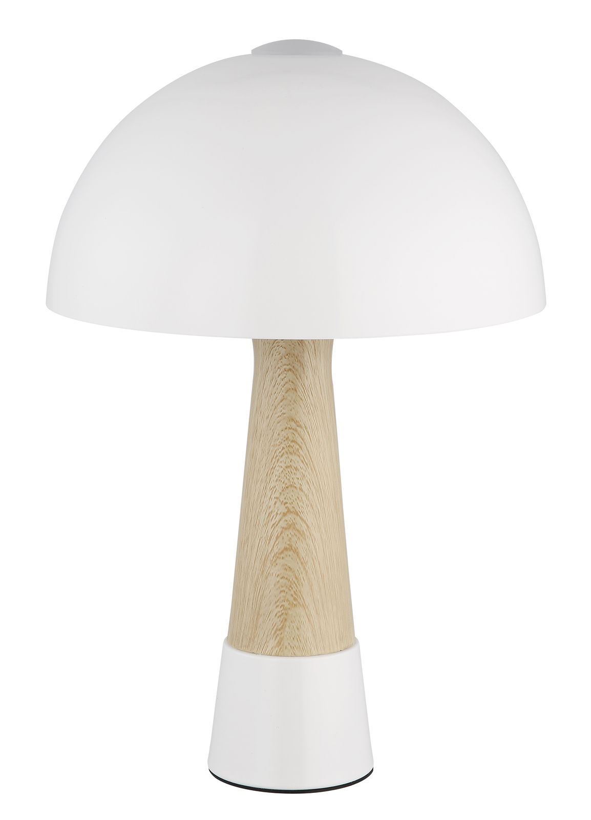 Moderne Tischleuchte mit weißem Schirm und Holzfuß, Frontalansicht