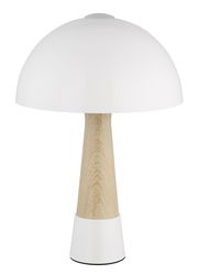 Moderne Tischleuchte mit weißem Schirm und Holzfuß, Frontalansicht