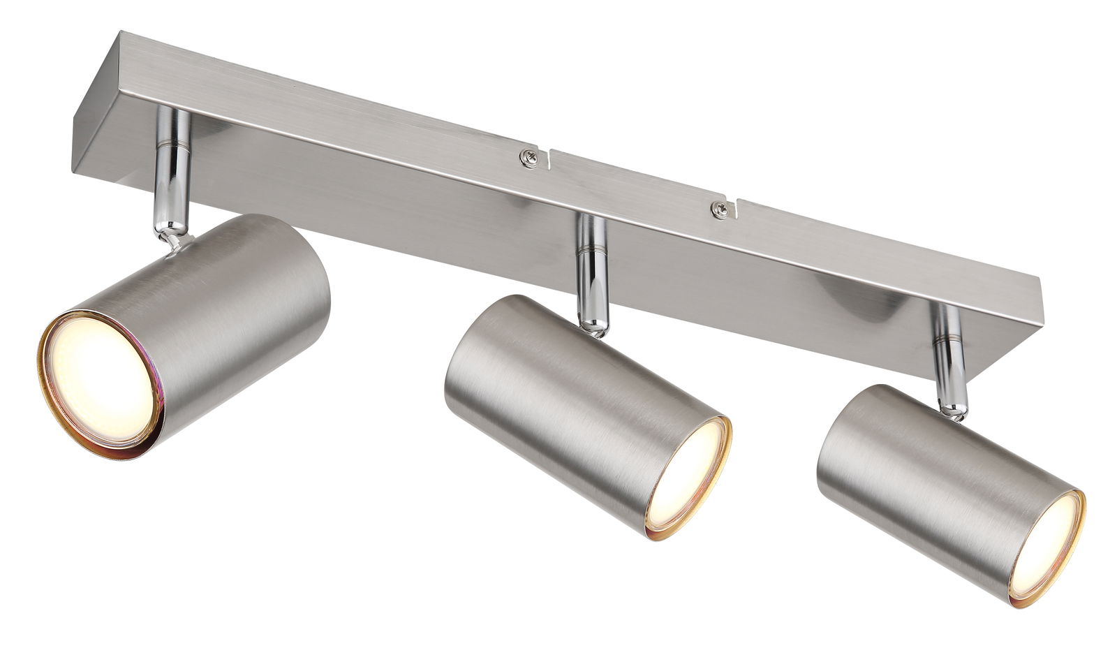 Moderner dreiflammiger Strahler aus gebürstetem Metall, seitliche Perspektive