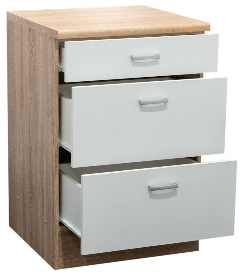 Unterschrank mit drei offenen Schubladen, Holzoptik mit weißen Fronten, seitliche Perspektive