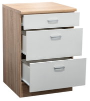 Unterschrank mit drei offenen Schubladen, Holzoptik mit weißen Fronten, seitliche Perspektive