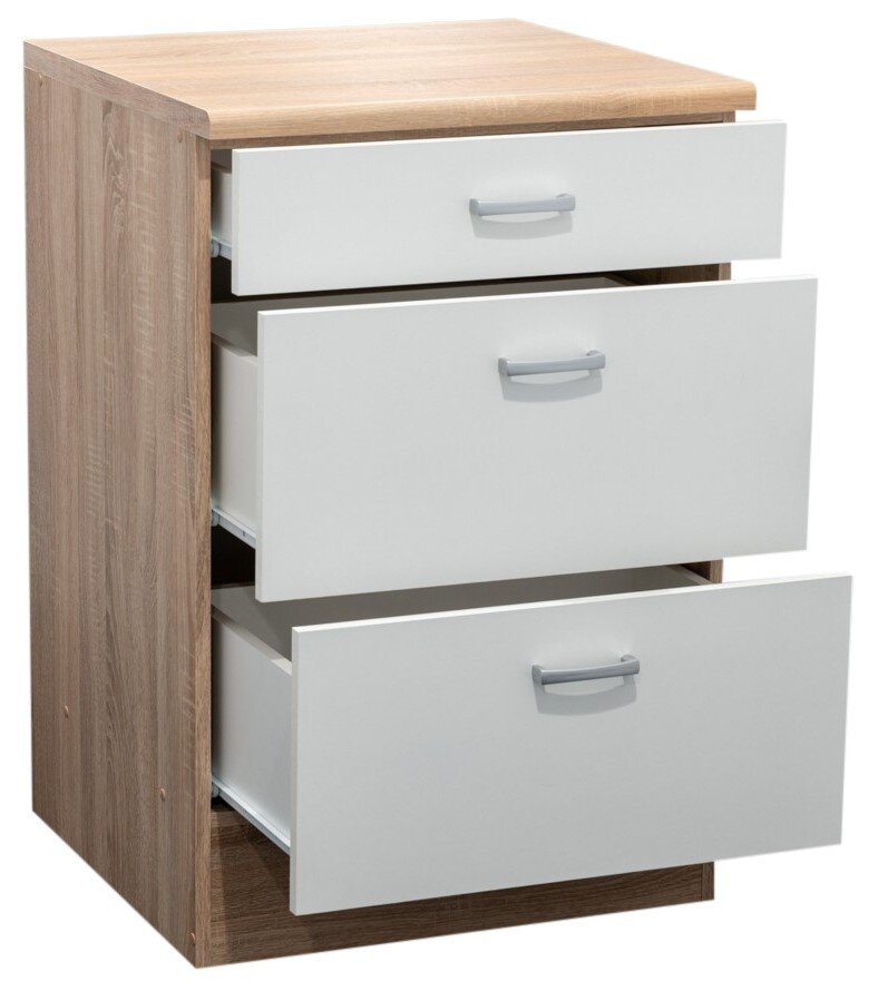 Unterschrank mit drei offenen Schubladen, Holzoptik mit weißen Fronten, seitliche Perspektive