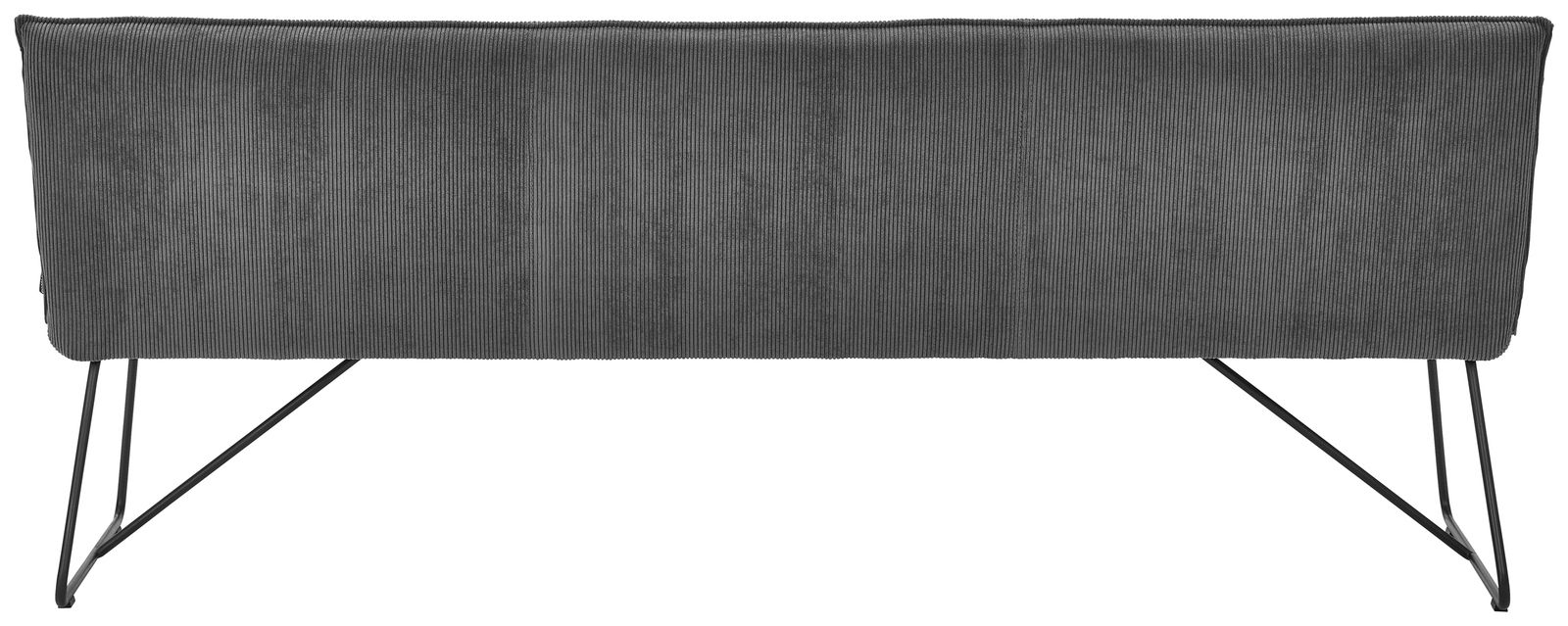 Rückansicht einer modernen Sitzbank mit grauem Stoffbezug und schwarzen Metallbeinen.