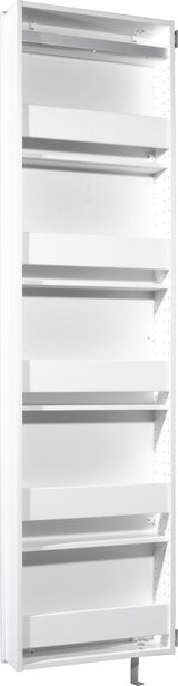 Weißer Drehschuhschrank mit mehreren Regalböden, seitliche Perspektive