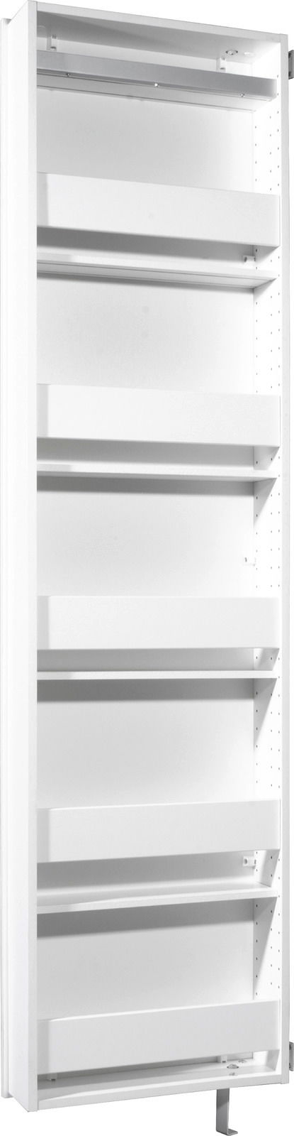 Weißer Drehschuhschrank mit mehreren Regalböden, seitliche Perspektive