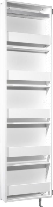 Weißer Drehschuhschrank mit mehreren Regalböden, seitliche Perspektive