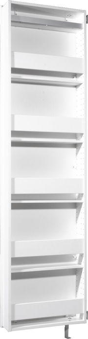 Weißer Drehschuhschrank mit mehreren Regalböden, seitliche Perspektive