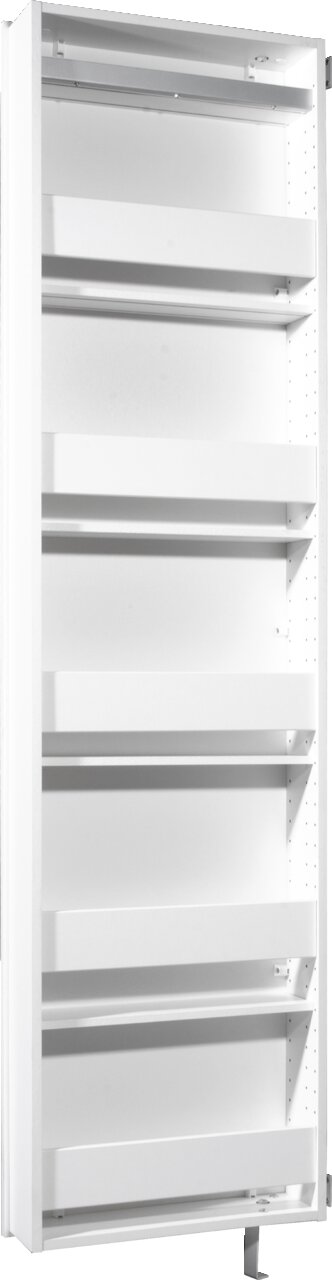 Weißer Drehschuhschrank mit mehreren Regalböden, seitliche Perspektive