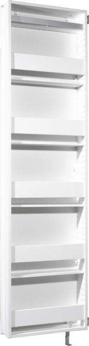 Weißer Drehschuhschrank mit mehreren Regalböden, seitliche Perspektive