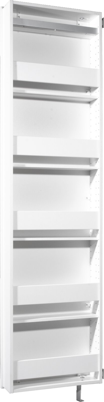 Weißer Drehschuhschrank mit mehreren Regalböden, seitliche Perspektive