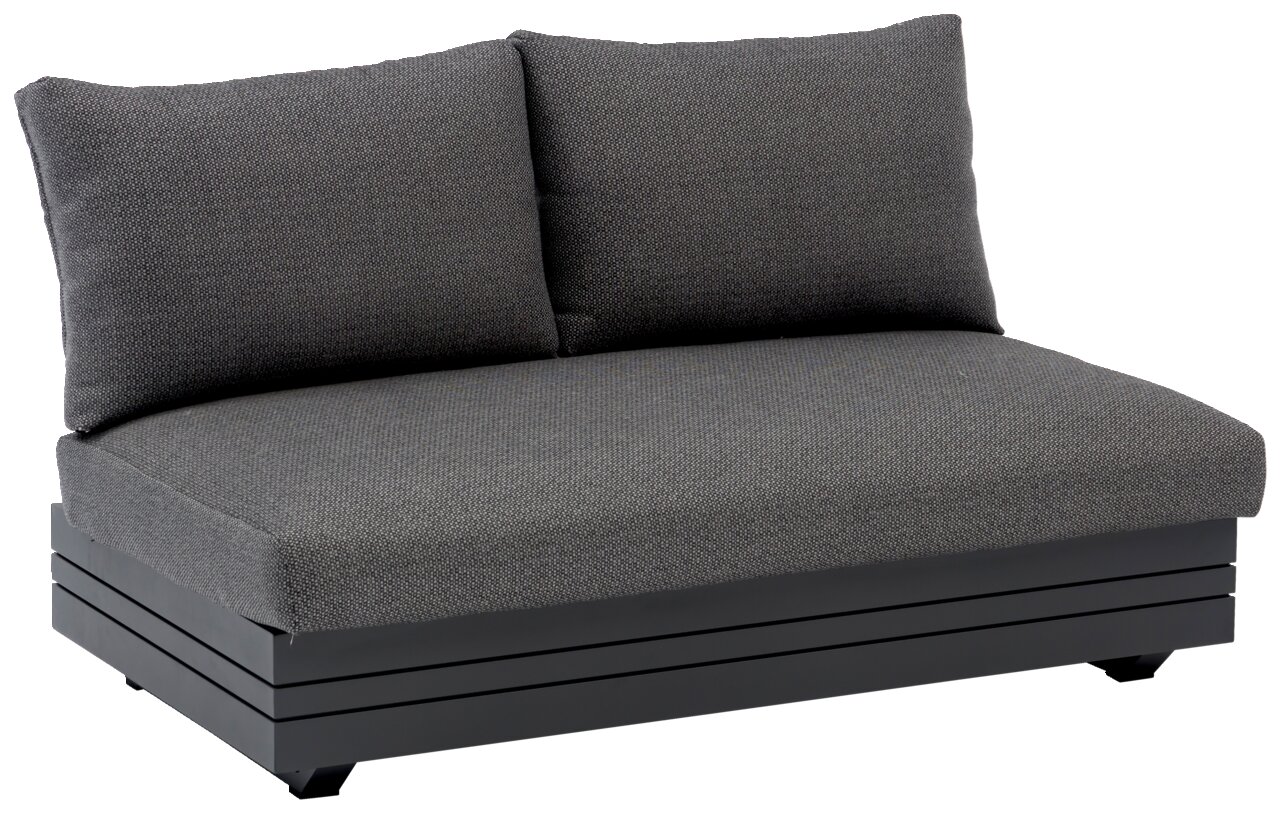 Graues 2-Sitzer Loungeelement mit zwei Rückenkissen, seitliche Perspektive