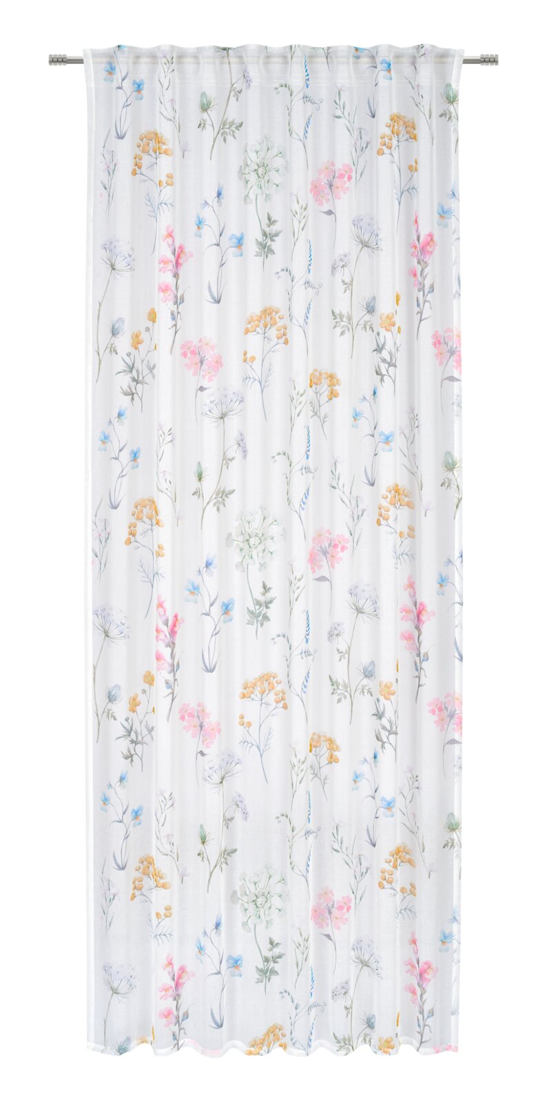 Esposa Fertigvorhang 135x145cm Halbtransparenter weißer Vorhang mit zartem, buntem Blumenmuster in Pastellfarben, frontal von vorne am Gardinenstab hängend.