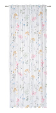 Halbtransparenter weißer Vorhang mit zartem, buntem Blumenmuster in Pastellfarben, frontal von vorne am Gardinenstab hängend.