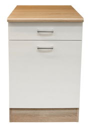 Unterschrank mit Holzarbeitsplatte und zwei Schubladen, Frontalansicht