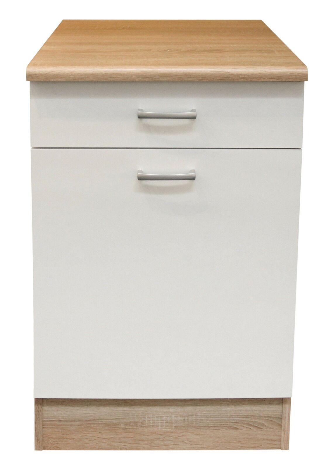 Unterschrank mit Holzarbeitsplatte und zwei Schubladen, Frontalansicht