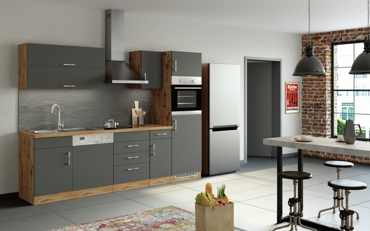 Moderne keukenblok in grijze en houtkleurige uitvoering met ingebouwde oven, koelkast en afzuigkap, zijaanzicht