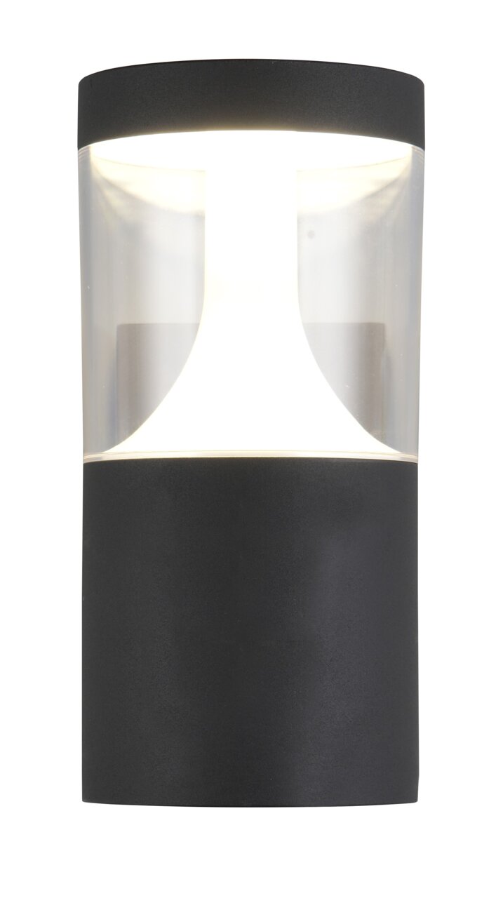 Moderne LED-Außenwandleuchte in zylindrischer Form, schwarz, mit transparentem Mittelteil, Frontalansicht