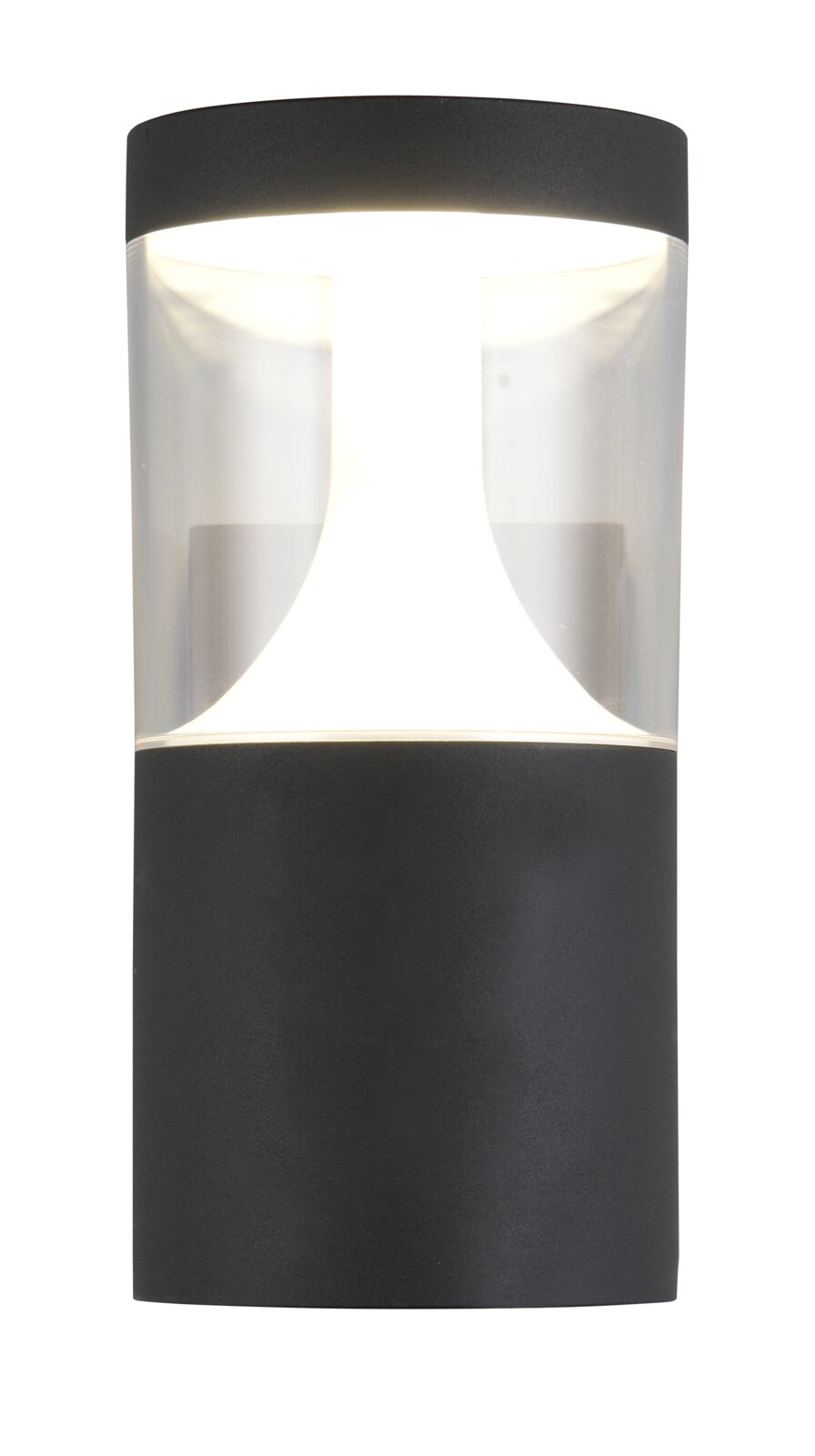 Moderne LED-buitenwandlamp in cilindrische vorm, zwart, met transparant middenstuk, vooraanzicht