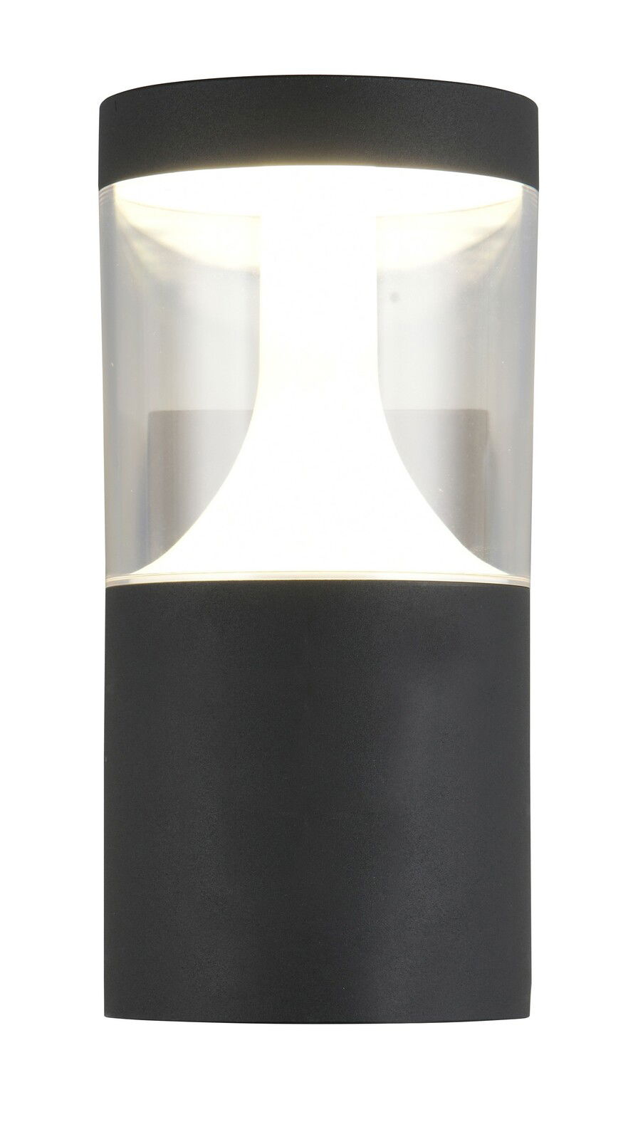 Moderne LED-Außenwandleuchte in zylindrischer Form, schwarz, mit transparentem Mittelteil, Frontalansicht