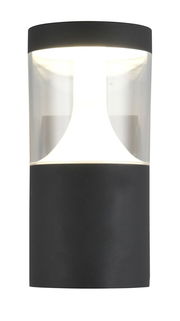 Moderne LED-Außenwandleuchte in zylindrischer Form, schwarz, mit transparentem Mittelteil, Frontalansicht