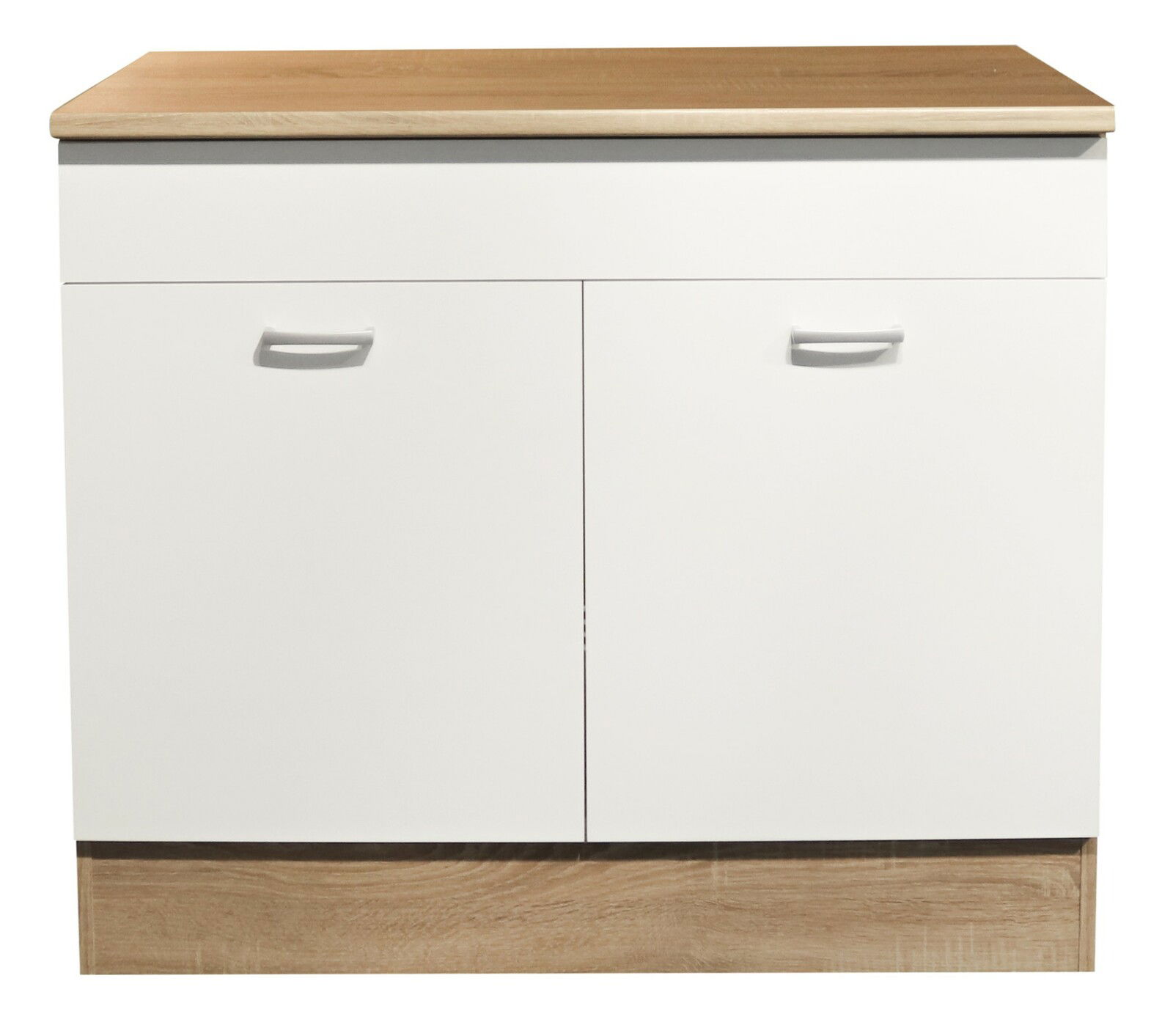 Spülenunterschrank in Weiß mit Holzarbeitsplatte, Frontansicht