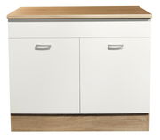 Spülenunterschrank in Weiß mit Holzarbeitsplatte, Frontansicht