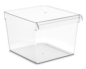 Transparenter quadratischer Kühlschrankorganizer aus Kunststoff, seitliche Perspektive