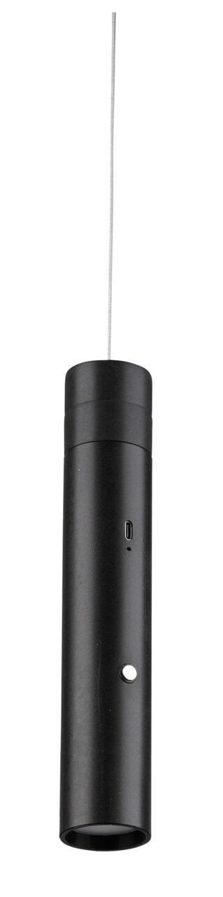Zwarte, cilindervormige hanglamp op accu met USB-aansluiting, zijaanzicht