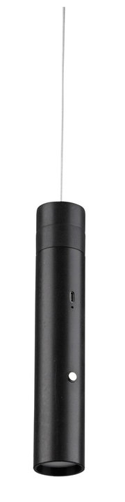 Zwarte, cilindervormige hanglamp op accu met USB-aansluiting, zijaanzicht