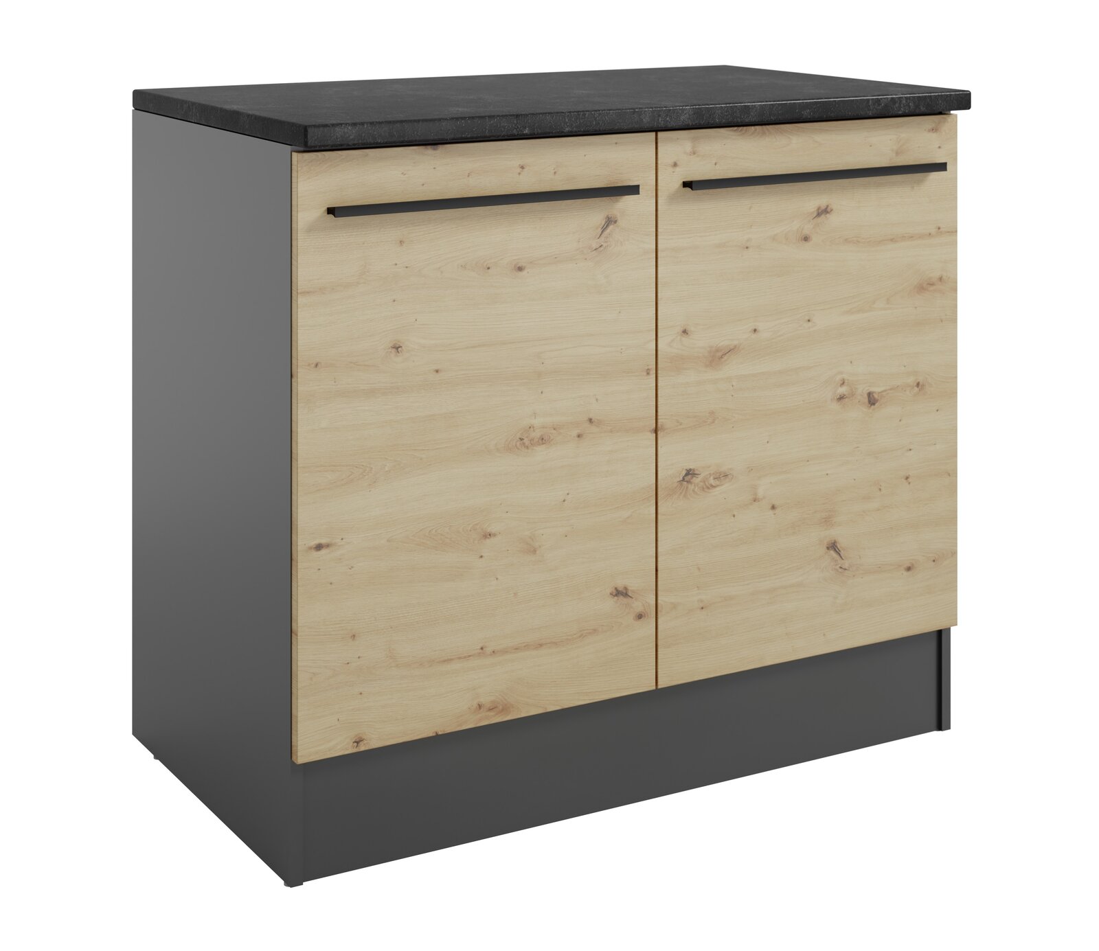 Yourkitchen Spülenunterschrank JAZZ Spülenunterschrank mit zwei Holztüren und schwarzer Arbeitsplatte, seitliche Perspektive