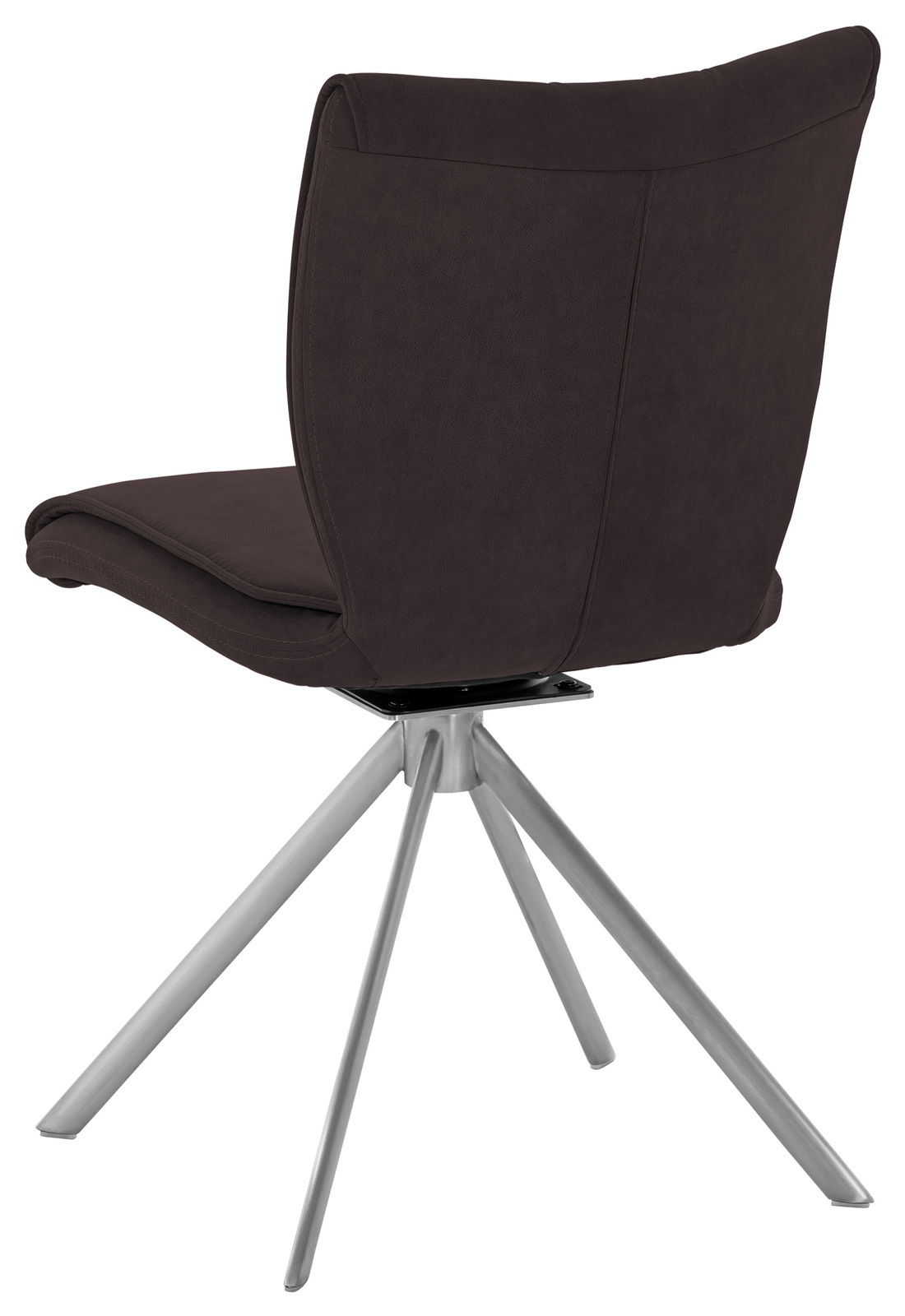 Dieter Knoll Stuhl JAZZ Rückansicht eines modernen Stuhls mit dunkelbraunem Polster und silbernem Metallgestell, fotografiert aus einem leicht seitlichen Winkel.