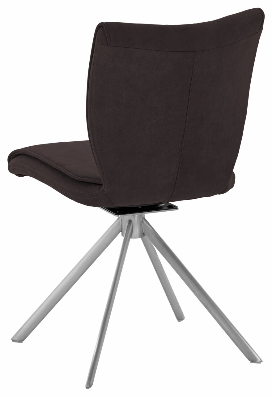 Dieter Knoll Stoel JAZZ Rückansicht eines modernen Stuhls mit dunkelbraunem Polster und silbernem Metallgestell, fotografiert aus einem leicht seitlichen Winkel.