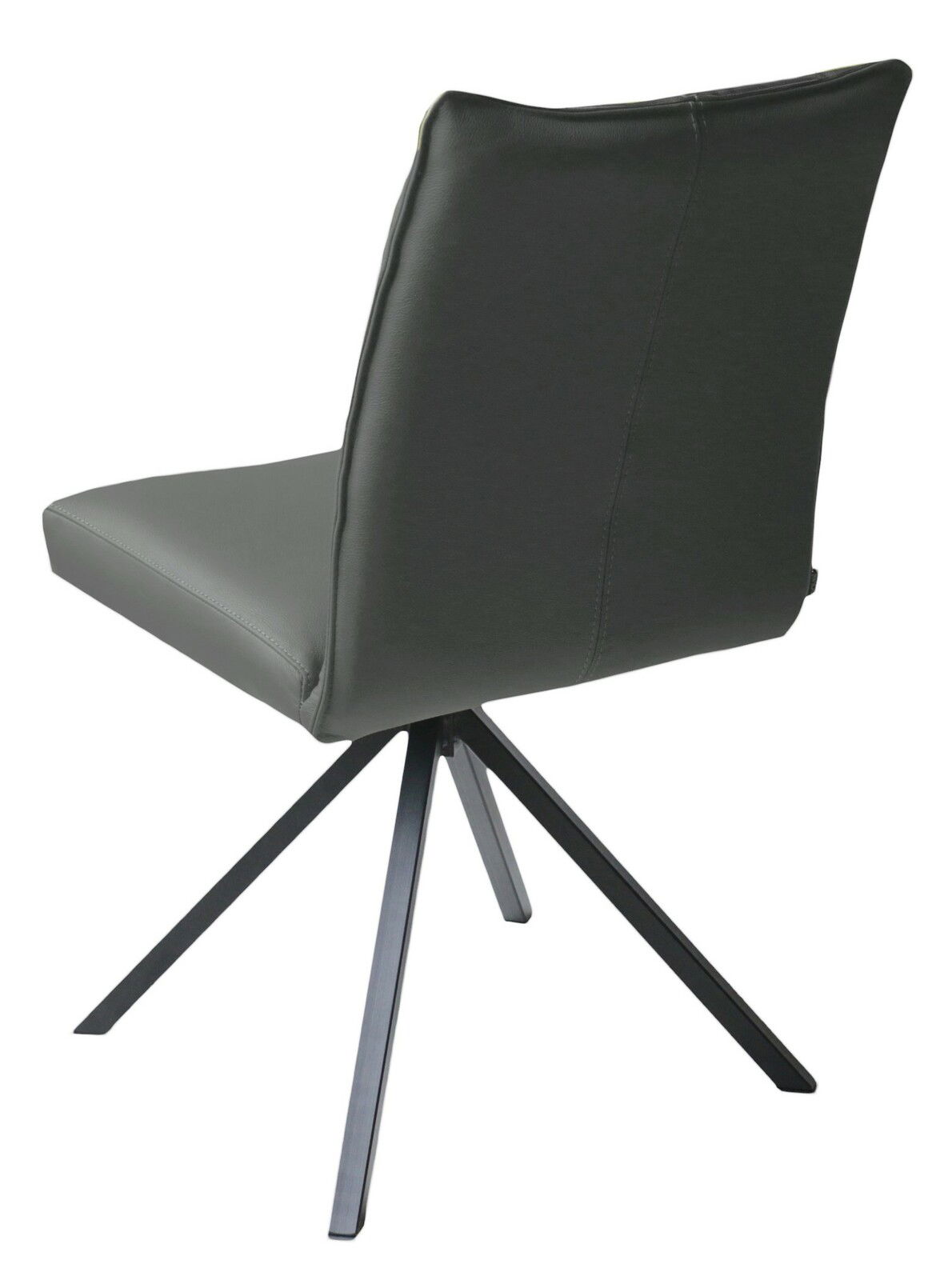 Rückansicht eines modernen Stuhls mit schwarzem Lederbezug und Metallbeinen in Dreibein-Design.