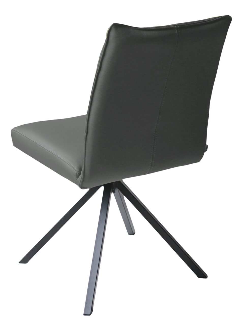 Rückansicht eines modernen Stuhls mit schwarzem Lederbezug und Metallbeinen in Dreibein-Design.