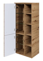 Midischrank aus Holz mit offenen und geschlossenen Fächern, Perspektive von vorne links