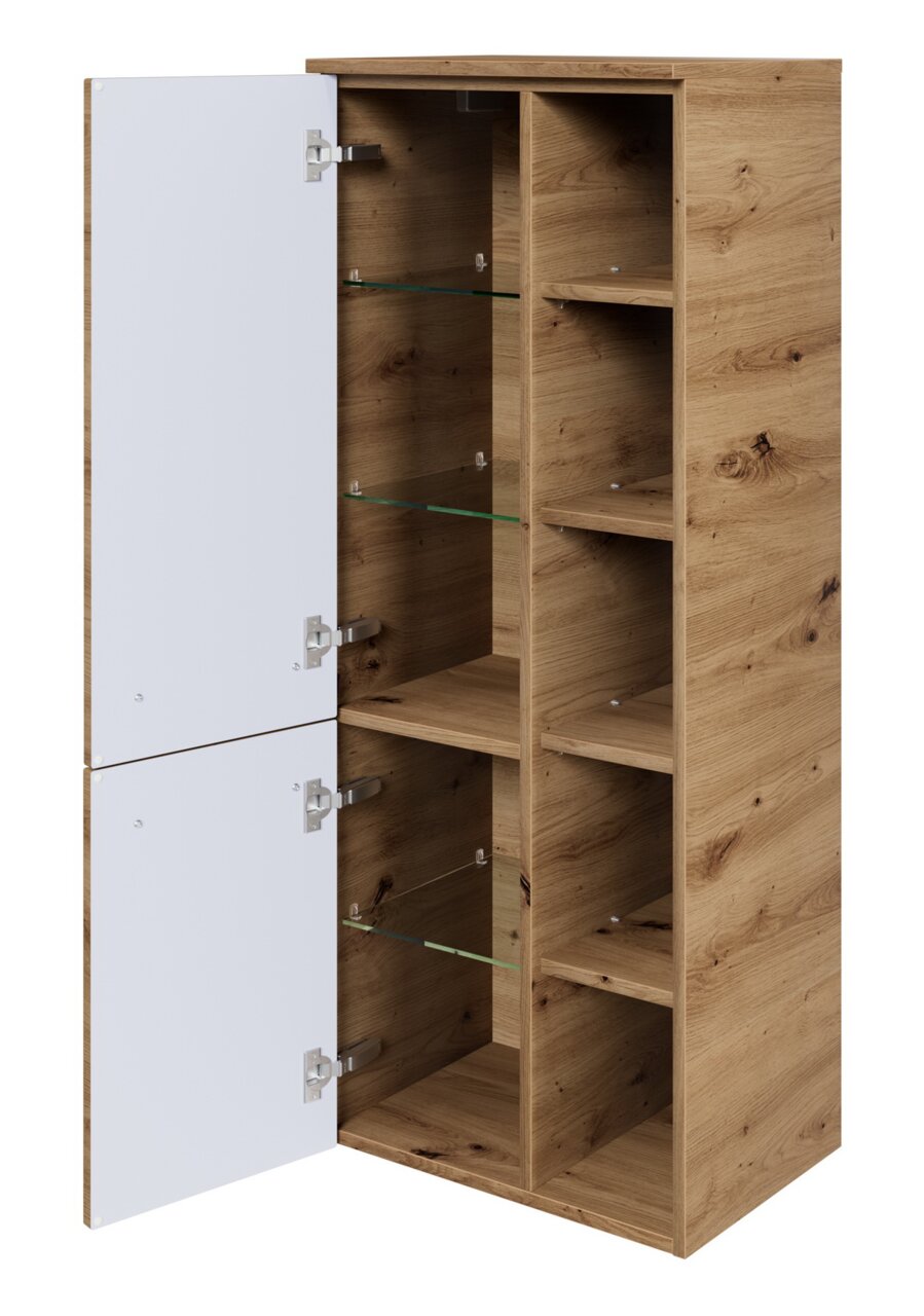 Midischrank aus Holz mit offenen und geschlossenen Fächern, Perspektive von vorne links