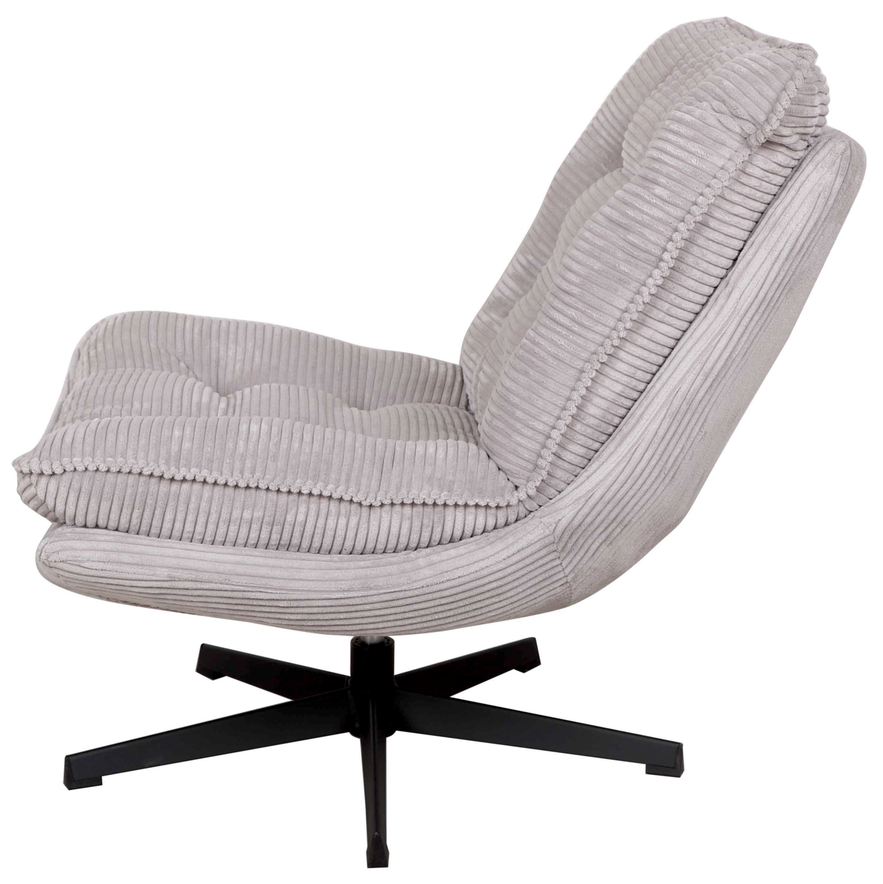 Grauer Relaxsessel mit geripptem Stoffbezug, seitliche Perspektive