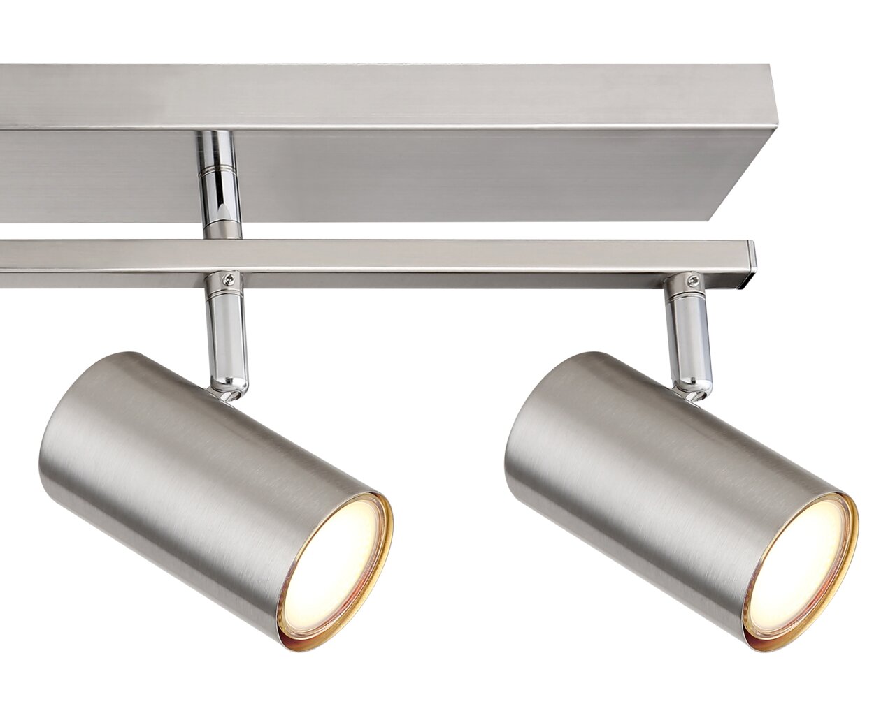 Zweiflammiger Deckenstrahler aus gebürstetem Metall in seitlicher Perspektive