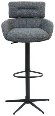 Moderner Barhocker mit gepolsterter Rückenlehne und Sitzfläche, schwarzem Metallgestell und Fußstütze, Frontalansicht